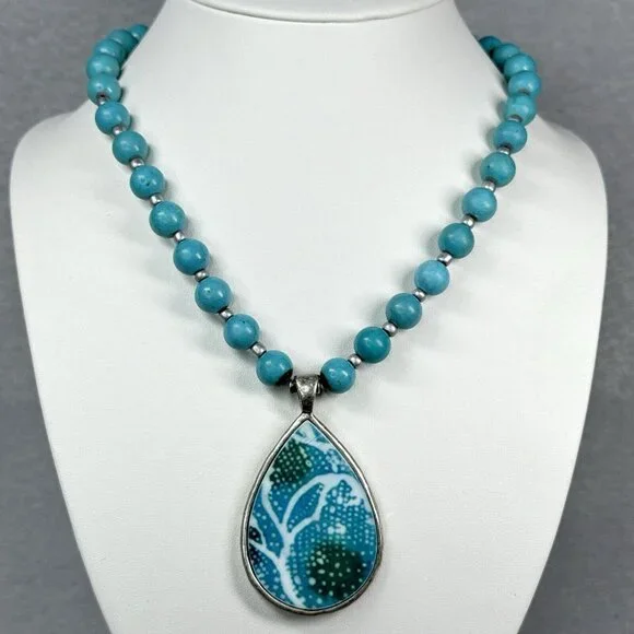 Coldwater Creek Necklace Turquoise Beaded 10mm Teardrop Pendant Reversible - Picture 1 of 6